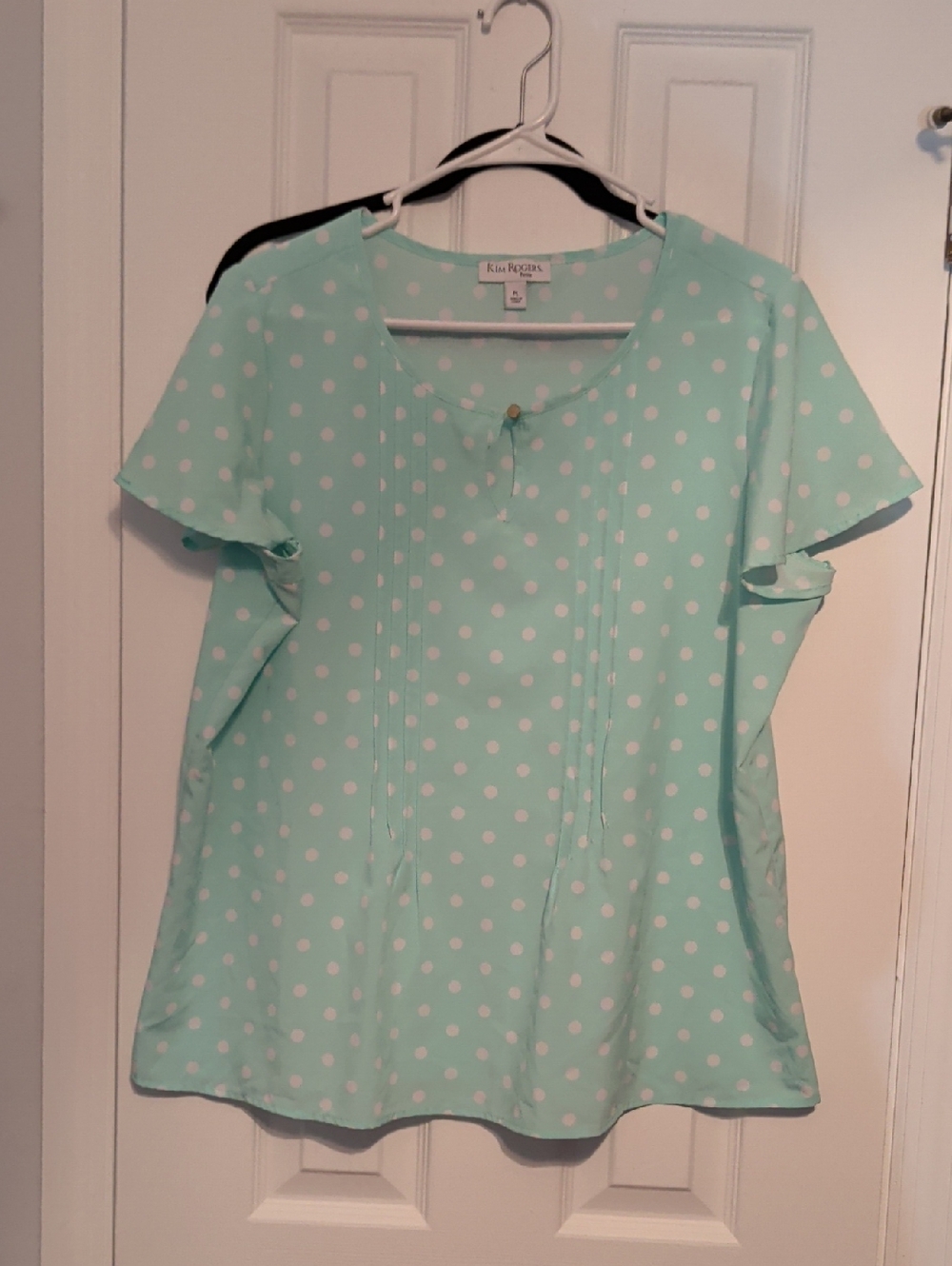 Kim Rogers Mint Green Polka Dot Short Sleeve Blouse Sz Petite Lg